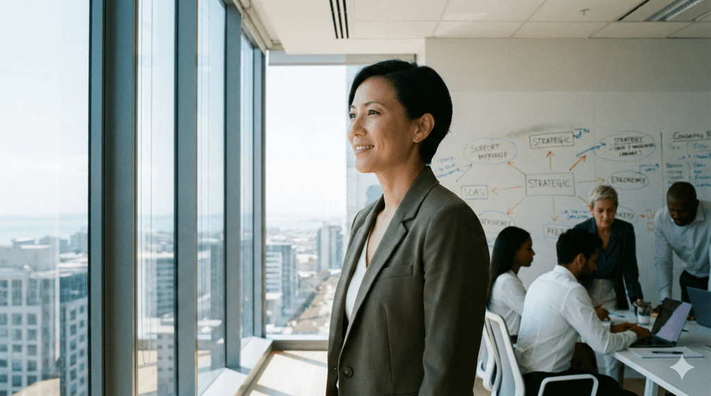 Un professionista sicuro di sé pianifica obiettivi di carriera e leadership strategica in un ufficio moderno e luminoso.