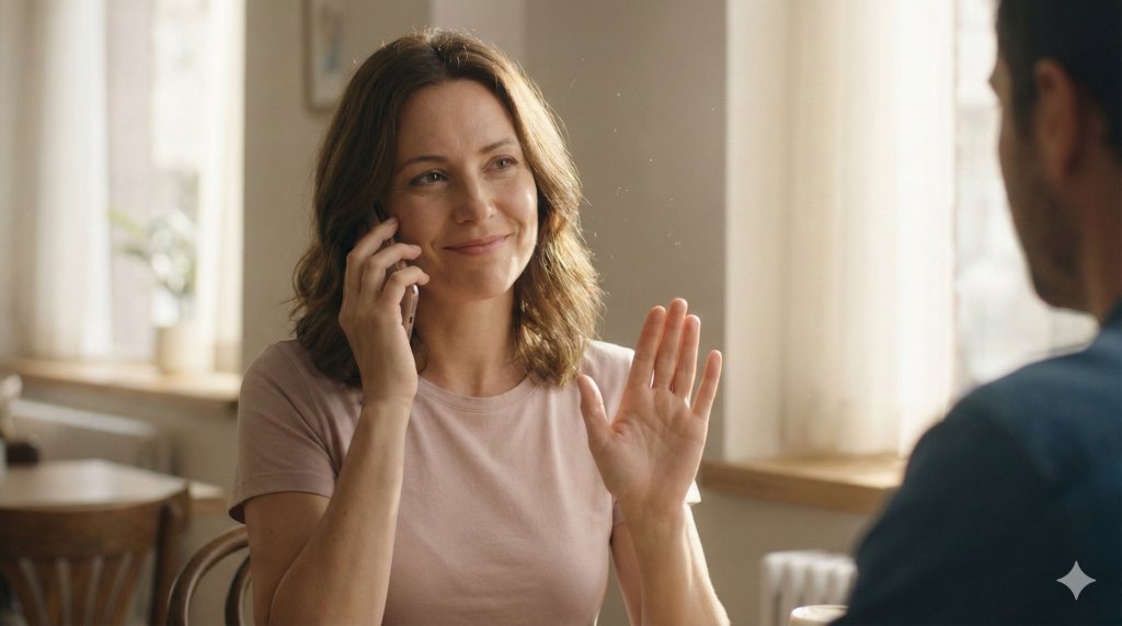 Persona sorridente che pratica l'assertività dicendo di no con gentilezza e fermezza, stabilendo confini personali sani.