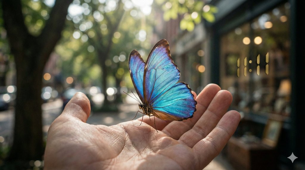 Farfalla blu su una mano con l'orario 11 e 11 riflesso sullo sfondo, capire i segnali dell'universo e le sincronicità della coscienza.