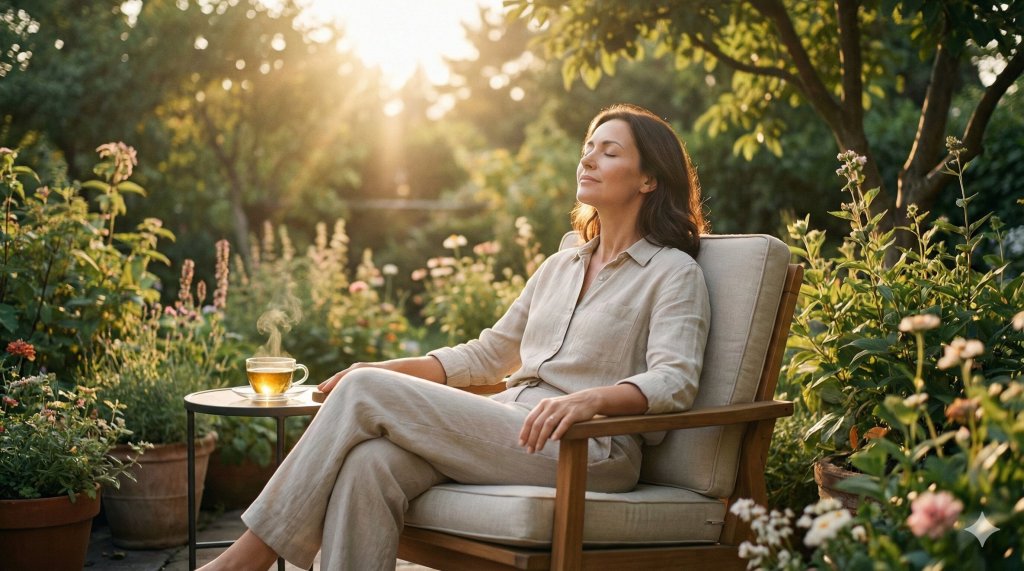 Una persona si rilassa nella natura ritrovando serenità ed equilibrio mentale dopo un percorso di coaching per superare il burnout lavorativo.