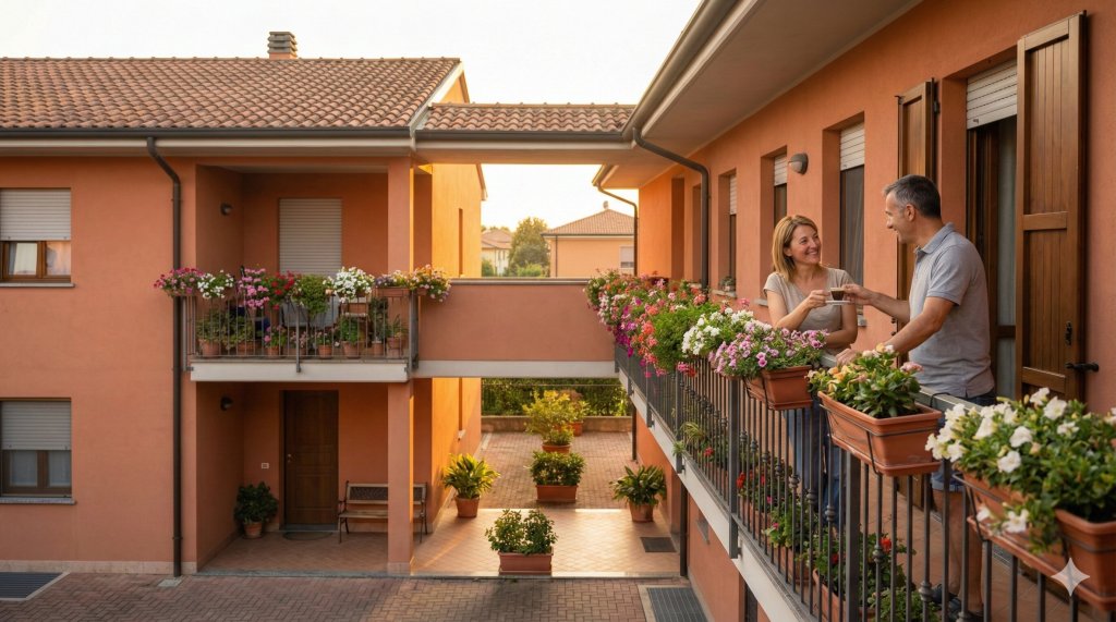 Vicini di casa che dialogano sorridendo in un contesto condominiale sereno, esempio di risoluzione conflitti e buon vicinato grazie al coaching.