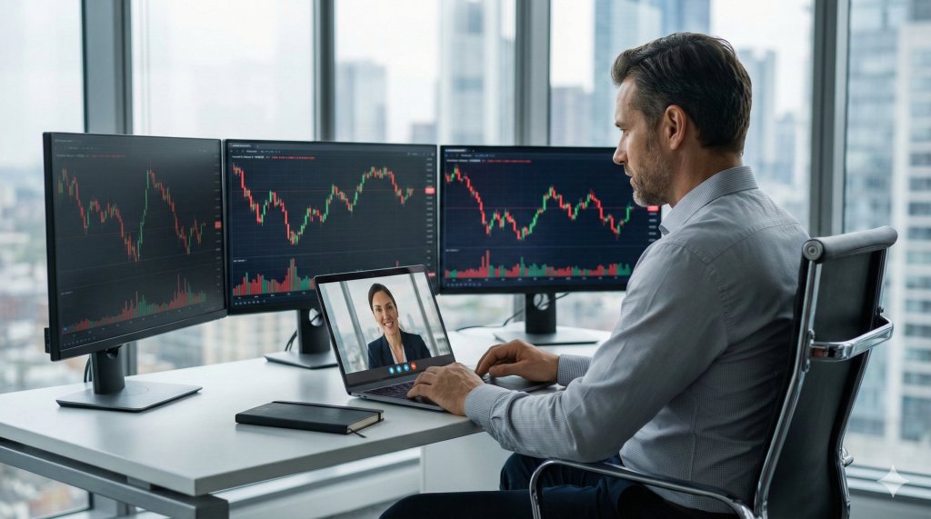 Trader professionista davanti a monitor finanziari multipli durante una sessione di coaching online per migliorare la psicologia del trading e gestire le emozioni.