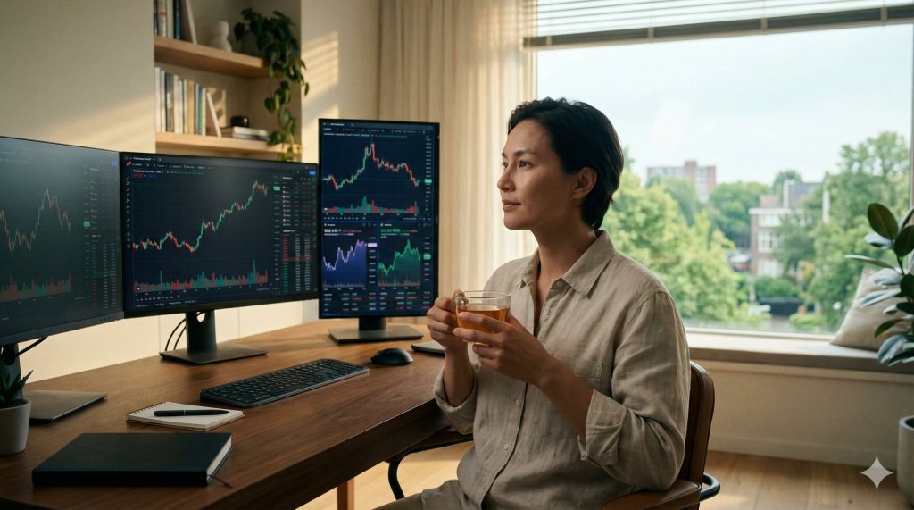 Un trader professionista calmo e rilassato davanti ai monitor finanziari che pratica la disciplina emotiva e il mindset vincente.