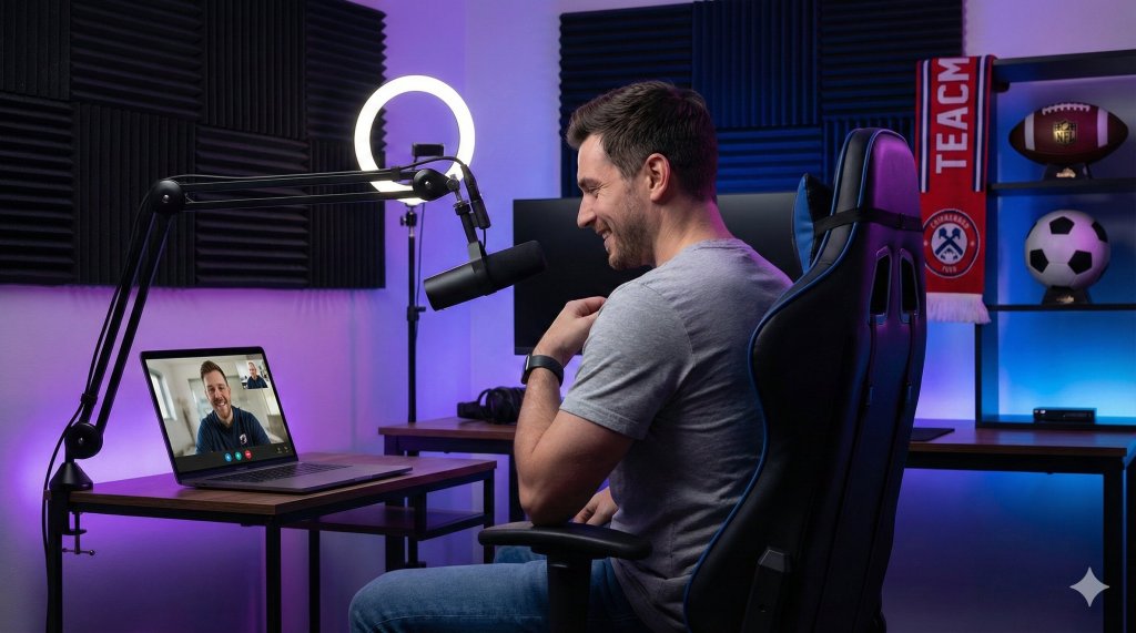 YouTuber di calcio nel suo home studio con attrezzatura professionale mentre effettua una sessione di coaching online per prevenire il burnout.