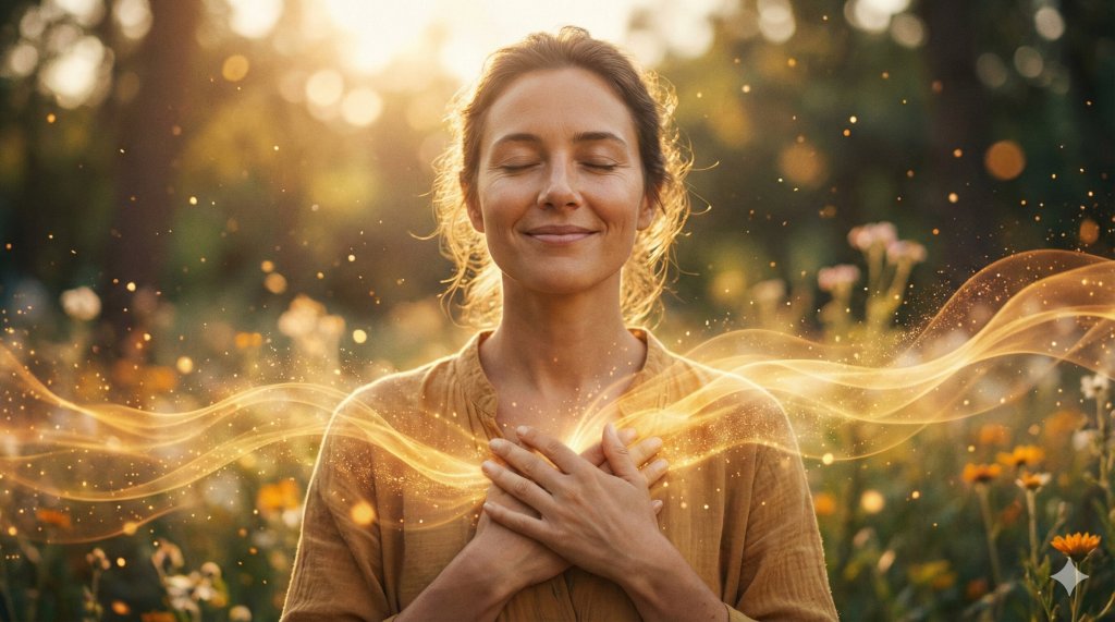 Onde dorate che si espandono dal cuore di una donna sorridente, come alzare le proprie vibrazioni e la frequenza emotiva.
