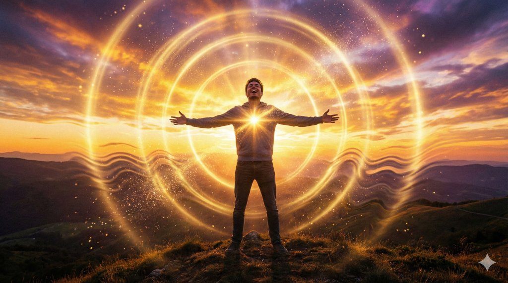 Uomo a braccia aperte su una collina che emana onde di polvere di stelle, attirare l'abbondanza economica con la frequenza e il decreto io sono.