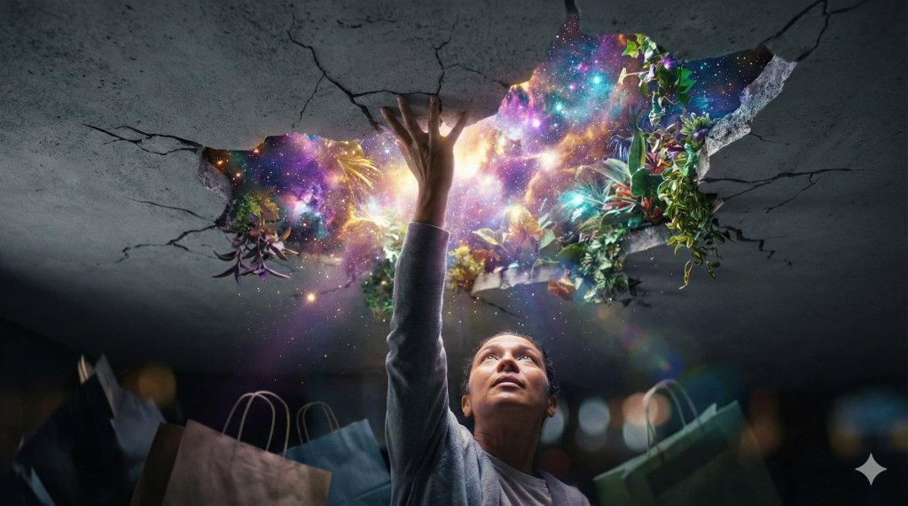 Persona che infrange un soffitto di cemento da cui esplode luce cosmica, scoprendo i veri desideri oltre il realismo cinico e lo shopping.