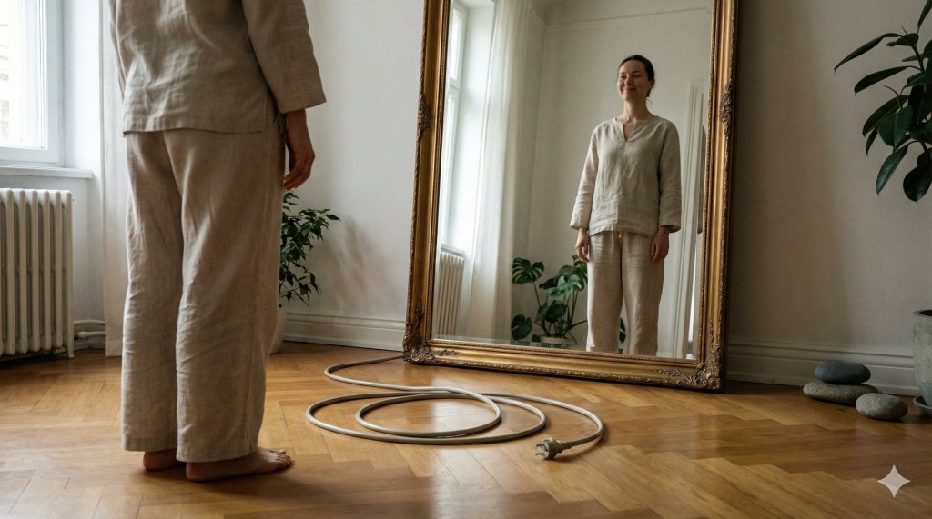 Persona che si guarda allo specchio con pace mentre un cavo elettrico è staccato a terra, creare relazioni sane attraverso la sala degli specchi.