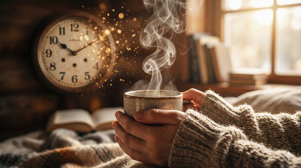 Mani che reggono una tazza fumante mentre un orologio si dissolve nello sfondo, esercizi di radicamento nel presente per rallentare.