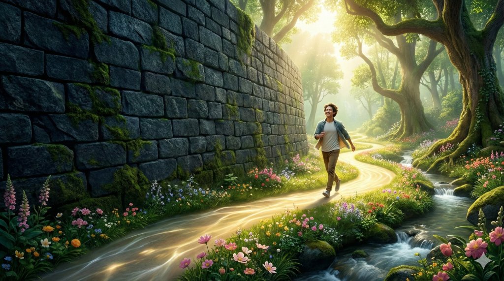 Persona che aggira un muro di pietra passando agilmente su un sentiero luminoso, fare un salto quantico nella vita attraverso il colpo di sponda.