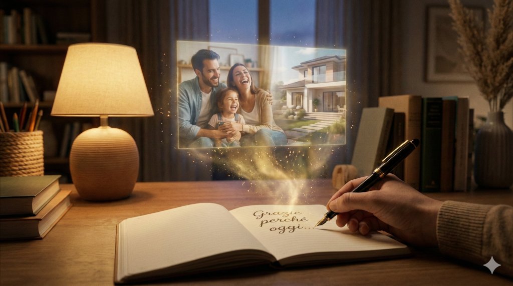 Penna che scrive grazie sul diario del futuro mentre le parole creano realtà magiche, guida pratica per iniziare la legge dell'attrazione.