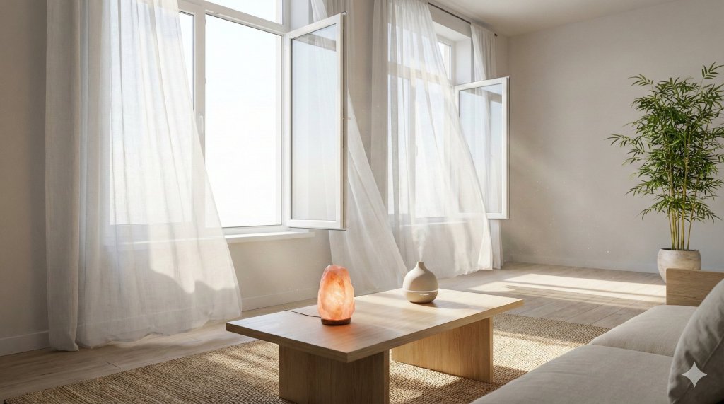 Soggiorno minimalista con lampada di sale rosa e finestre aperte per far entrare il prana, tecniche di pulizia energetica per la casa.