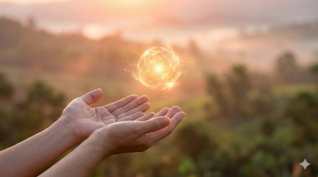 Mani aperte che rilasciano una sfera di luce dorata al cielo, manifestare i desideri velocemente applicando la fisica quantistica e la resa.
