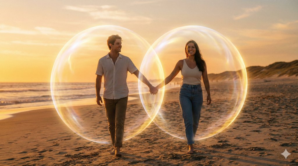 Coppia che cammina mano nella mano avvolta da due sfere di luce perfette, migliorare l'autostima nelle relazioni senza dipendenza affettiva.