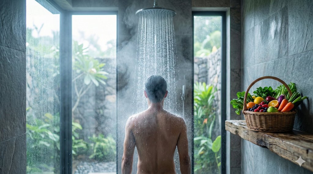 Uomo sotto doccia fredda con cibo vivo a fianco, strategie per recuperare energia mentale e fisica resettando il sistema nervoso.