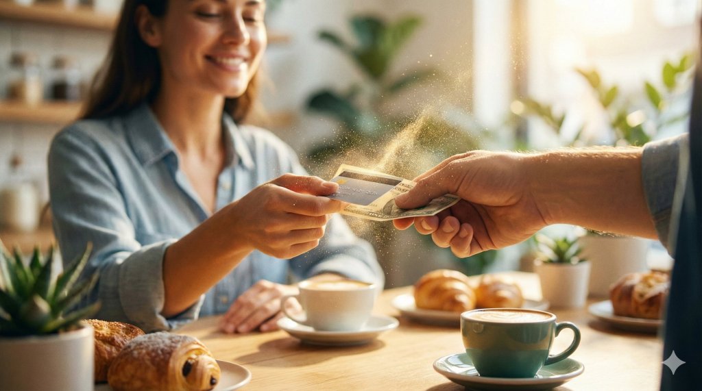 Mani che pagano un caffè emanando polvere dorata luminosa, sbloccare il rapporto con il denaro e attrarre abbondanza economica.