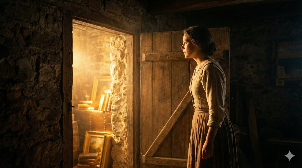 Persona che guarda in una cantina illuminata da luce dorata, superando i blocchi emotivi inconsci e integrando la propria ombra interiore.