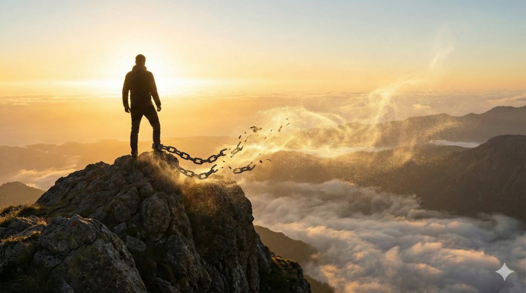 Catene spezzate che si trasformano in polvere d'oro in cima a una montagna, come trasformare l'insoddisfazione in motivazione.