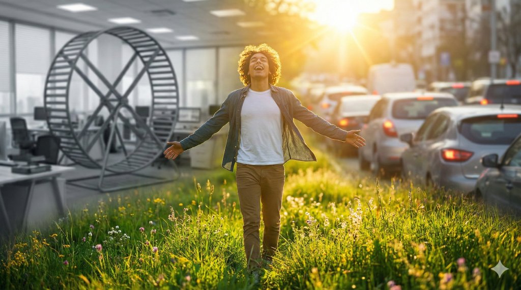 Persona che esce da una ruota del criceto sfocata per respirare luce e libertà nel presente, uscendo dalla routine quotidiana.