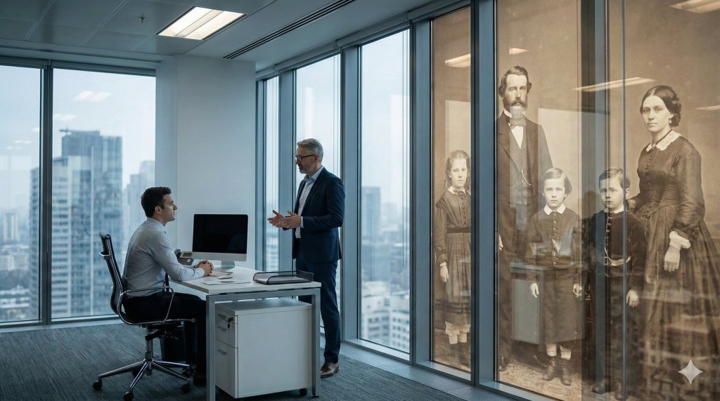 Ufficio moderno in cui i vetri riflettono figure di antenati, dinamiche delle costellazioni familiari applicate al mondo del lavoro.