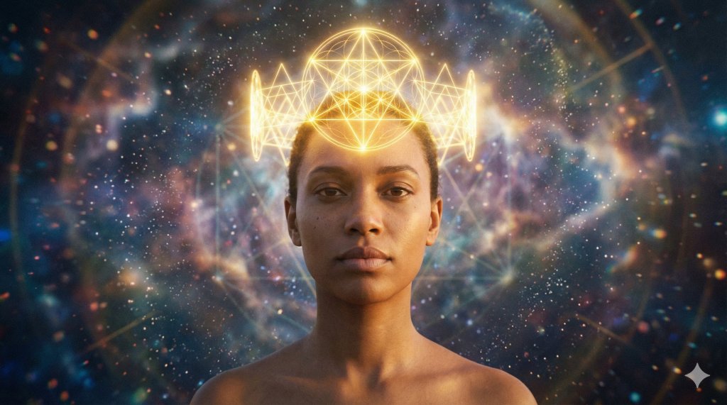 Persona fiera con corona eterea di geometria sacra fluttuante sulla testa, da vittima a co creatore divino per manifestare la propria sovranità.