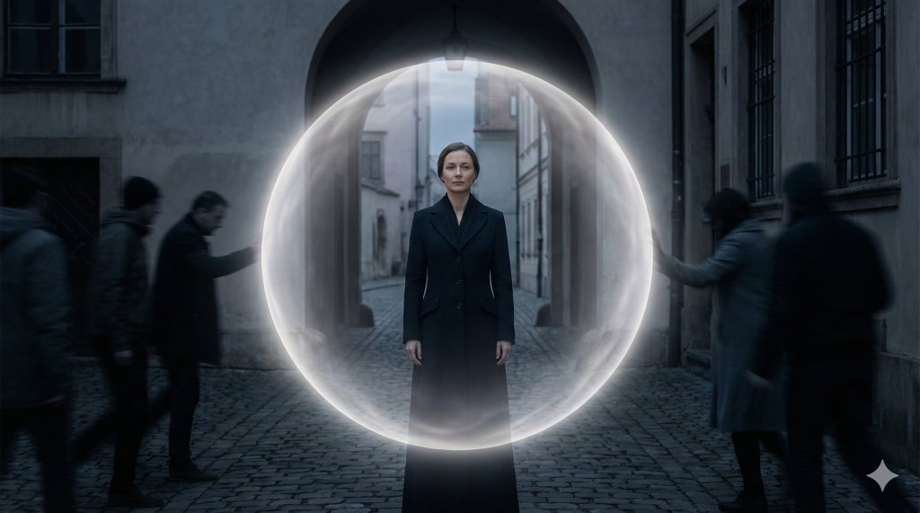 Persona protetta da una sfera di luce bianca che respinge figure tossiche, come difendersi dai vampiri energetici dicendo un no sacro.