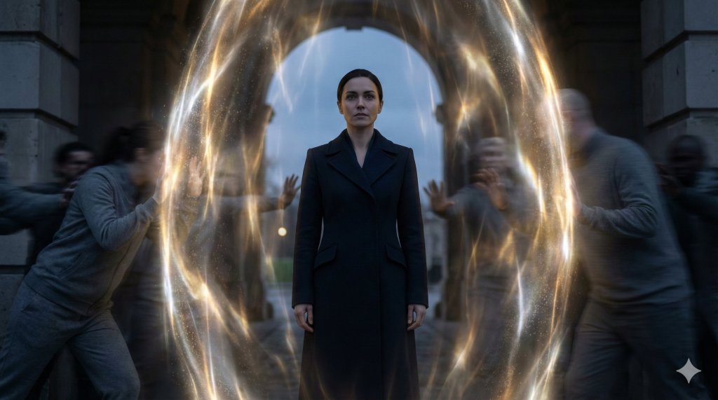 Barriera energetica luminosa che protegge una persona da ombre grigie, metafora per difendersi dai vampiri energetici e relazioni tossiche.