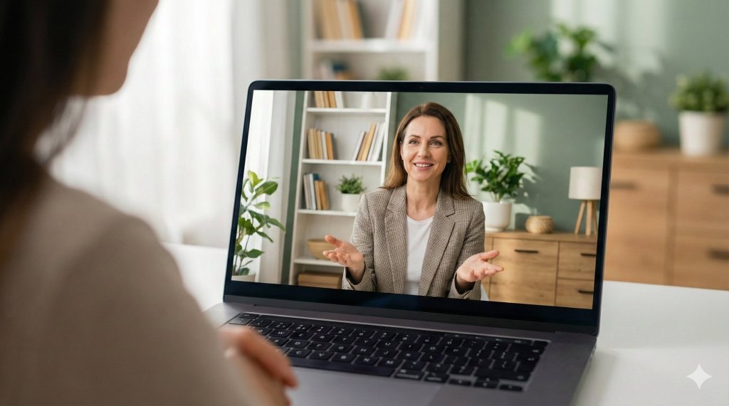 Life coach professionista in videochiamata durante una sessione online, visualizzato sullo schermo di un laptop, concetto di scelta tra coaching e psicologo per il benessere mentale.