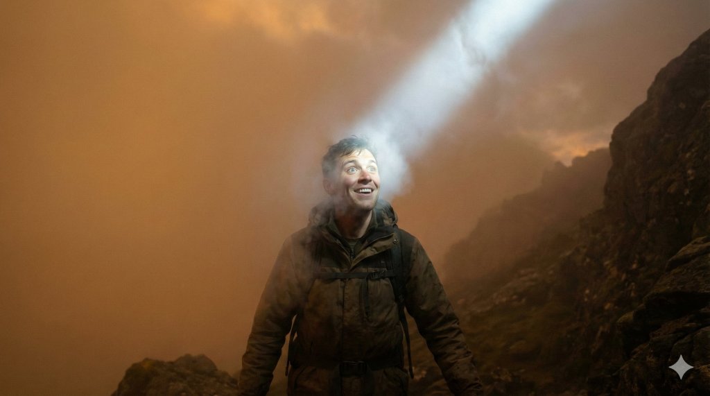 Raggio di luce bianca che squarcia una nebbia calda illuminando un viso, distinguere l'intuizione autentica dalla fantasia della mente logica.