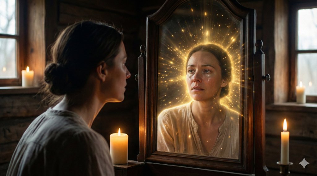 Donna che si guarda allo specchio illuminata da un'aura dorata, praticando esercizi per aumentare la consapevolezza di sé e sbloccare il potenziale.