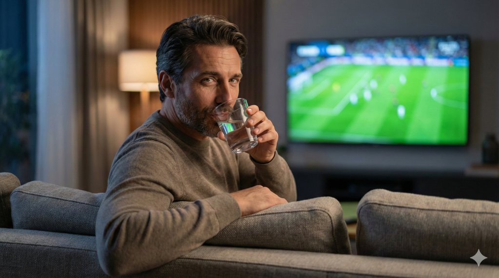 Uomo rilassato che guarda una partita di calcio in tv gestendo le emozioni positivamente, concetto di life coaching per tifosi.