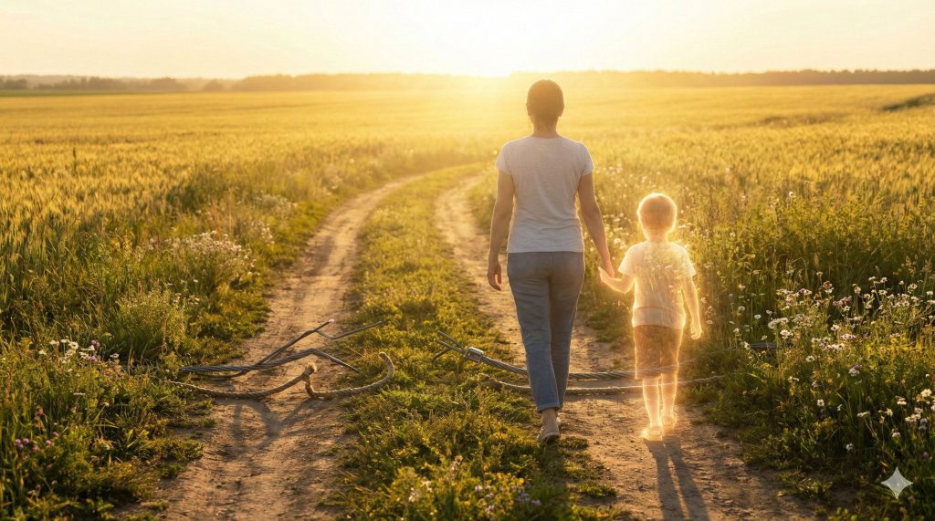 Adulto su sentiero luminoso che tiene per mano un bambino interiore etereo, guarire le ferite dell'infanzia e liberarsi dai ricatti morali.