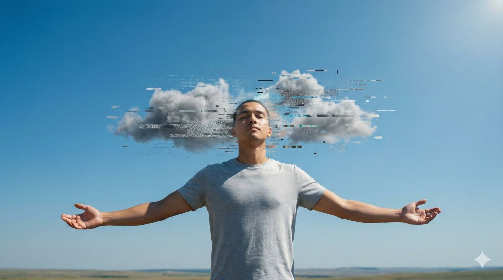 Uomo in meditazione sotto un cielo azzurro mentre le nuvole della radio mentale si dissolvono, a significare il vero risveglio spirituale.