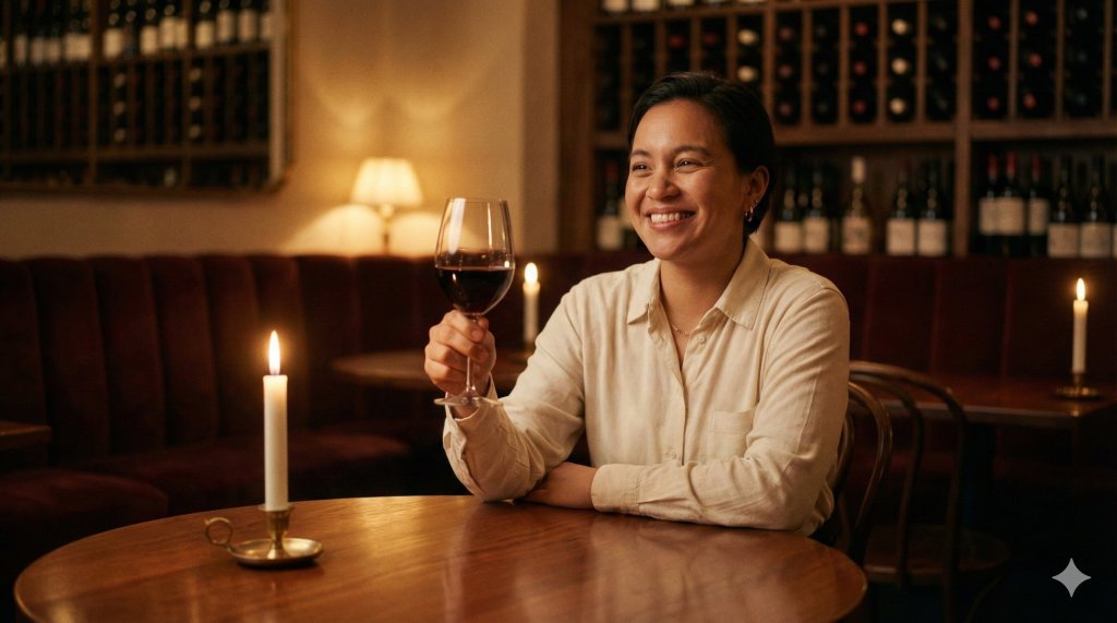 Donna felice che brinda da sola al tavolo di un ristorante elegante senza smartphone, l'arte di bastarsi e praticare il matrimonio interiore.