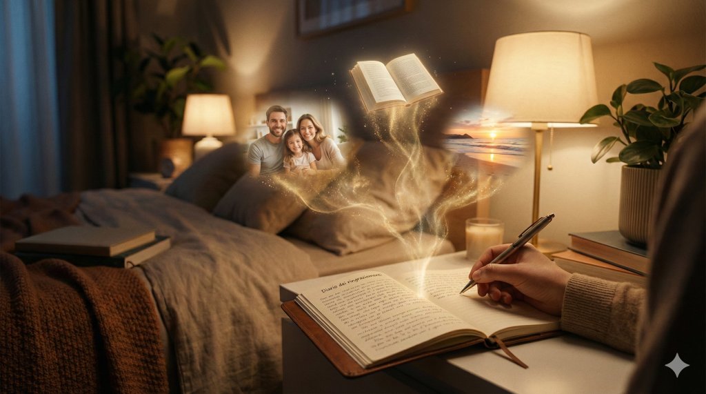 Diario dei ringraziamenti illuminato da cui nascono ologrammi di desideri felici, la gratitudine quantica per ricordare il futuro.