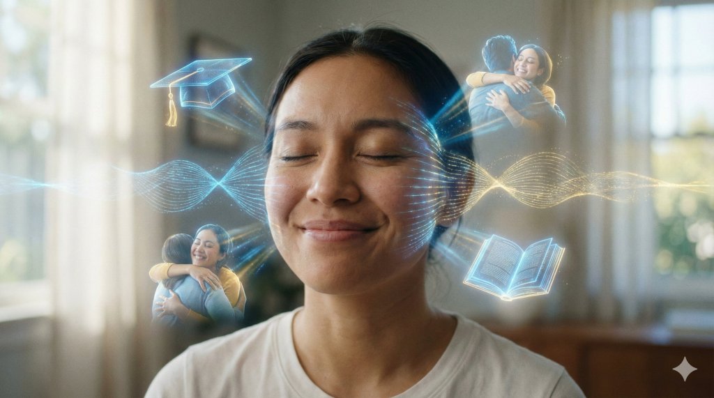 Viso circondato da ologrammi luminosi di ricordi futuri felici, la manifestazione consapevole e il potere quantistico della memoria del futuro.