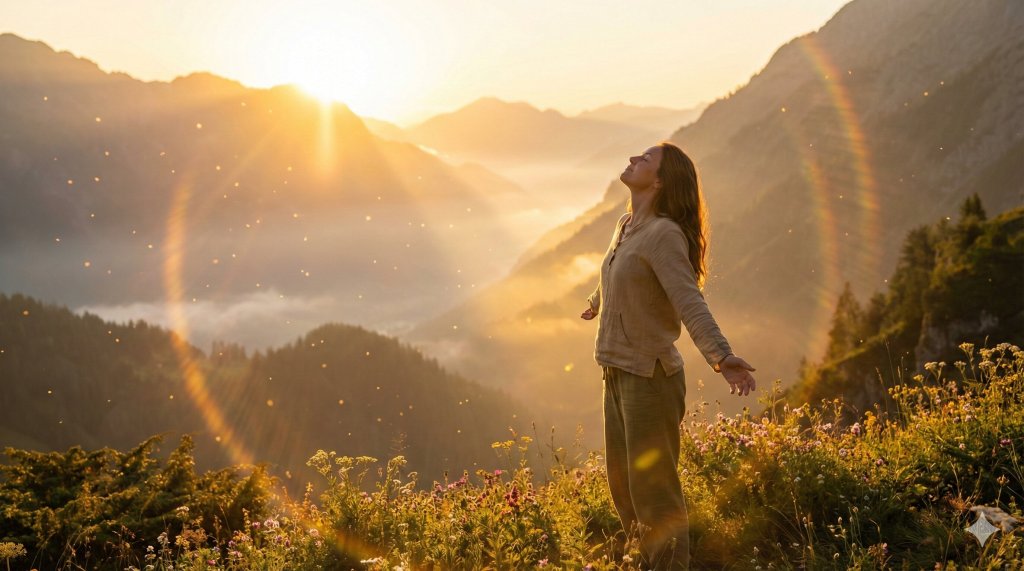Persona all'alba con le braccia aperte in un ambiente naturale che vibra di luce dorata, mantenere gratitudine anticipata e vibrazione alta.