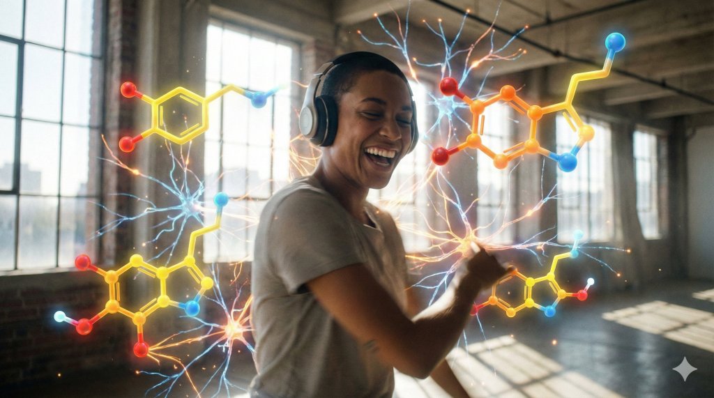 Donna che danza felice circondata da reti neurali e molecole di dopamina luminose, neuroscienze e pensiero quantico per plasmare la realtà.