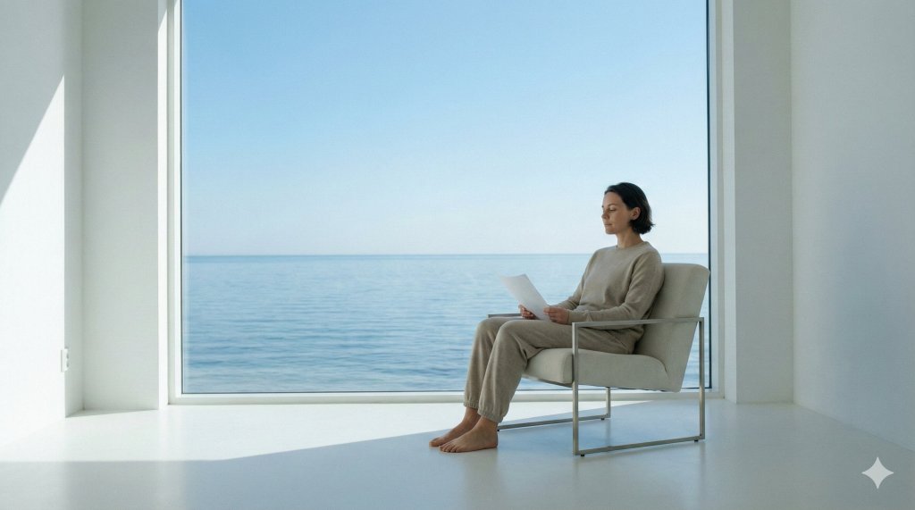 Persona in ambiente minimale e luminoso che ritrova la chiarezza mentale e la pace dopo aver superato l'overthinking.