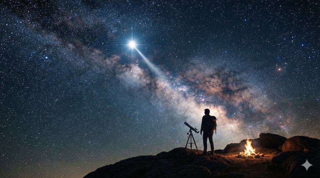 Silhouette che osserva una singola stella luminosa nel cielo notturno, comprendere il tempo di attesa e la latenza nella manifestazione quantica.