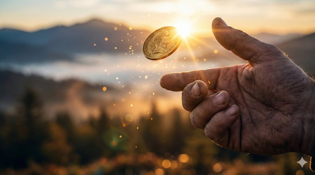 Moneta dorata lanciata in aria in un paesaggio all'alba, metafora del riallineamento energetico e dell'ascolto dell'intuito per decidere.