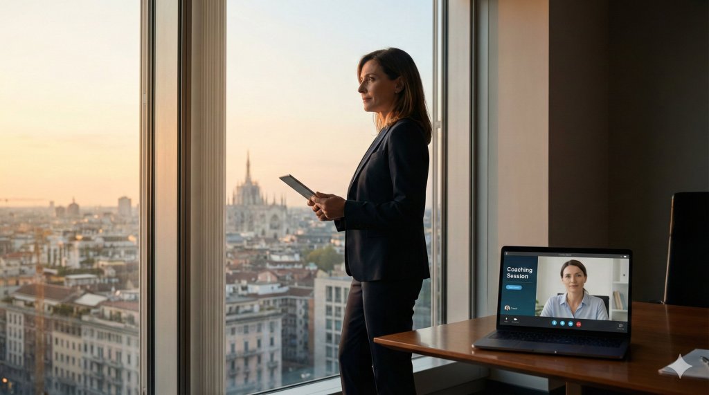 Manager in ufficio direzionale che riflette sulla propria carriera e supera la sindrome dell'impostore grazie al life coaching.