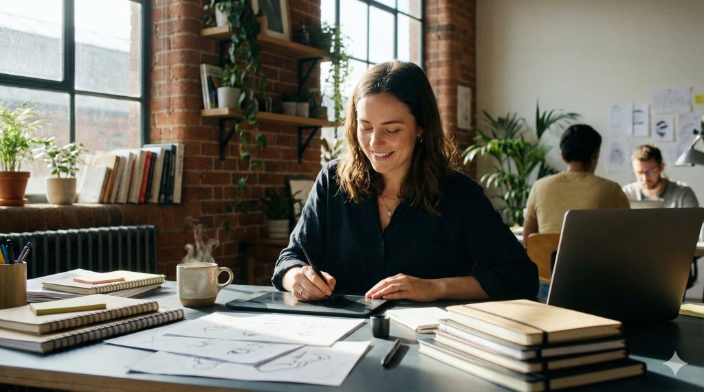 Freelance creativo immerso nel lavoro in stato di flow, esempio di superamento della procrastinazione e gestione efficace del tempo.