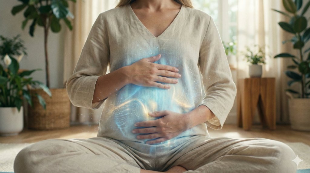 Persona in meditazione con schiena e stomaco che emanano un bagliore azzurro curativo, comprendere la somatizzazione e i messaggi del corpo.