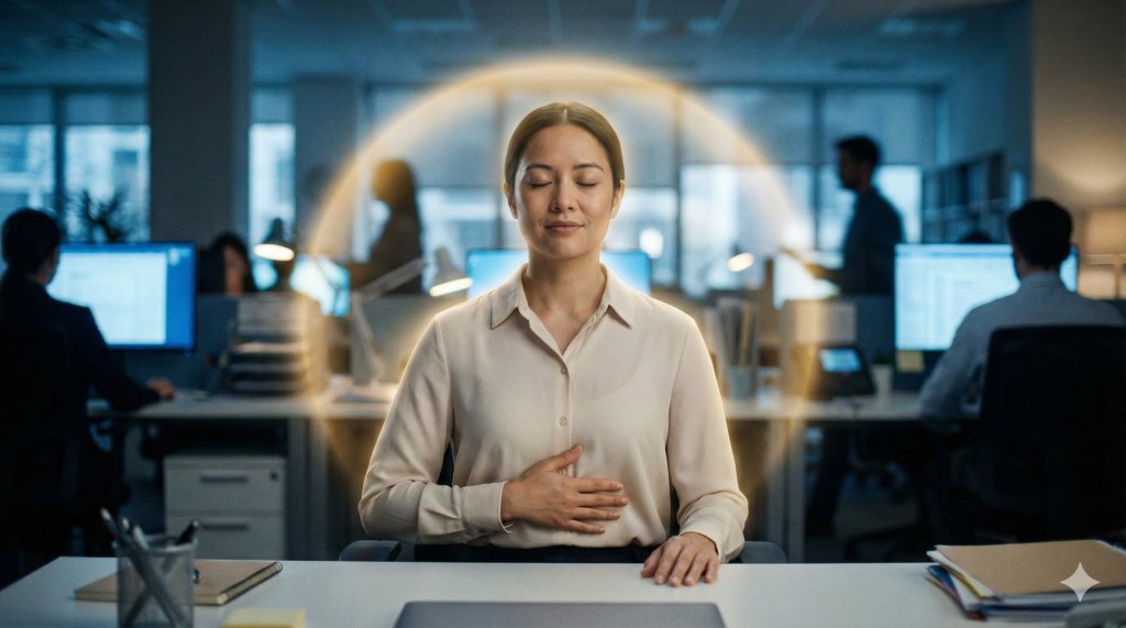 Donna calma che respira in ufficio caotico protetta da un'aura, applicando la coerenza cardiaca e strategie per gestire lo stress da lavoro.