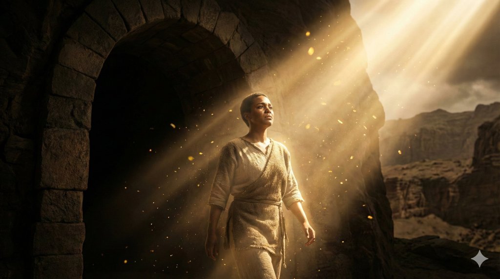 Individuo che esce dall'ombra verso un raggio di luce dorata, superando la sindrome dell'impostore e la paura di splendere.