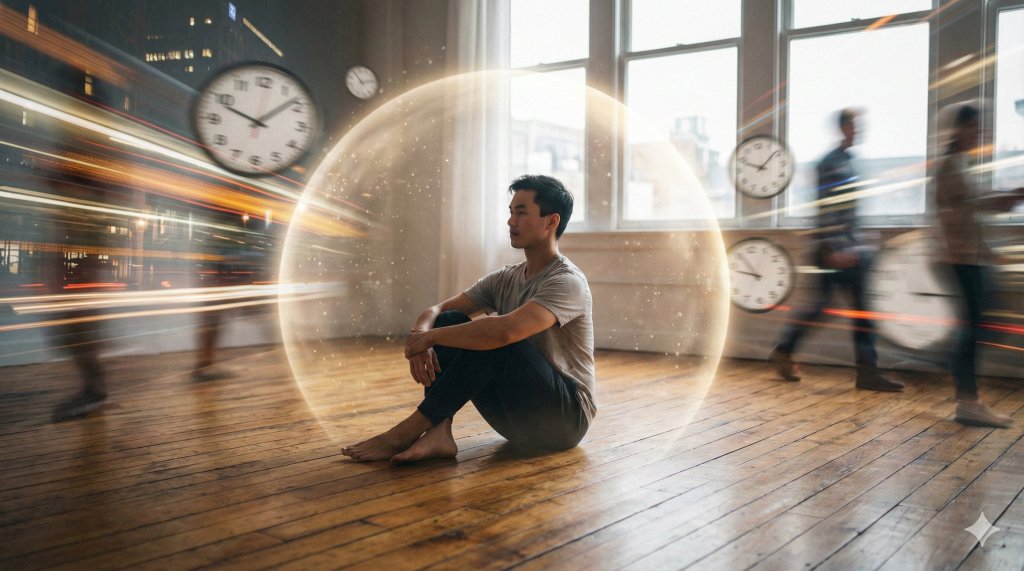 Uomo a piedi nudi su pavimento in legno avvolto da una sfera di calma mentre il mondo scorre veloce, usando la mindfulness contro l'ansia.