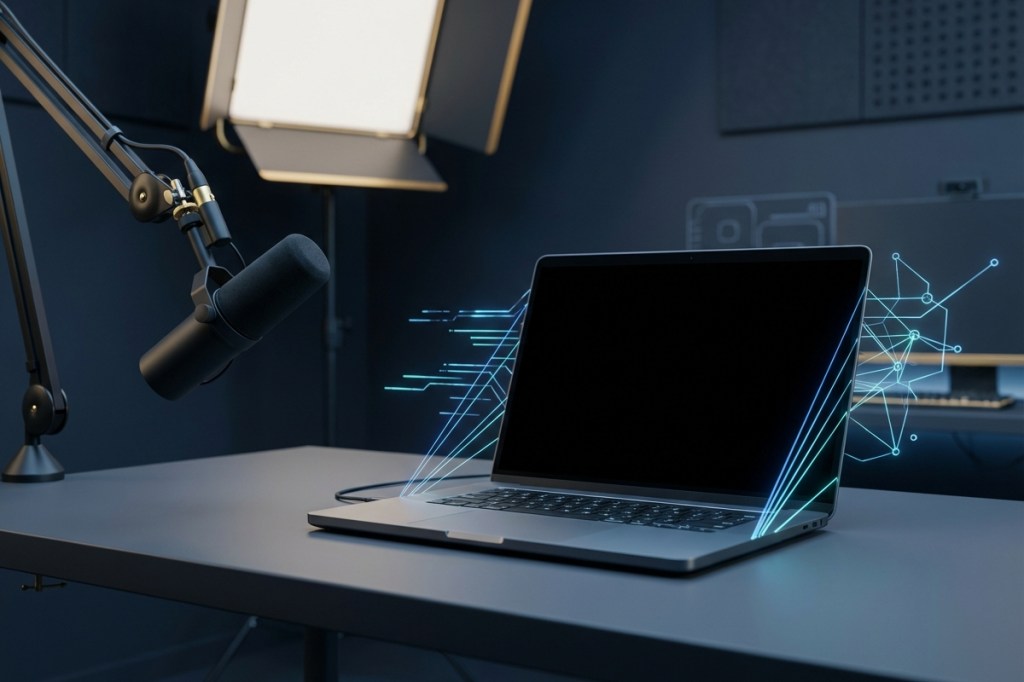 Cabina di regia minimalista con laptop, microfono professionale e flussi luminosi digitali. Immagine di copertina del Corso YouTube AI Studio: il percorso avanzato per professionisti che vogliono imparare a usare YouTube in modo strategico, dominare la dashboard di YouTube Studio e far crescere il proprio canale YouTube sfruttando l'intelligenza artificiale.