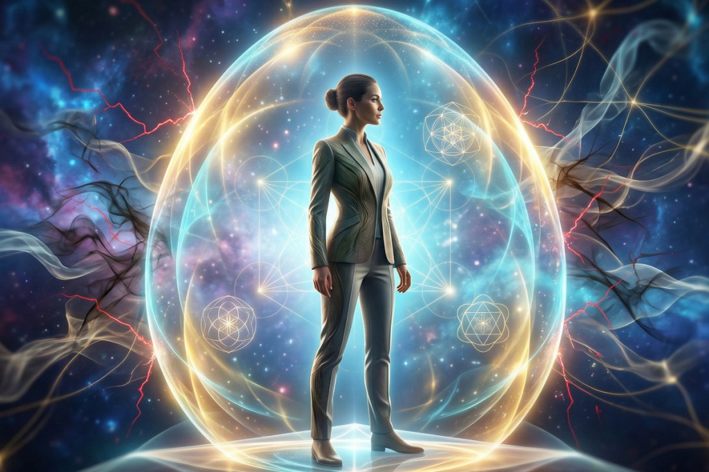 Immagine di copertina della Masterclass Assertivo Quantico: un professionista incarna la Self-Leadership avanzata e l'Assertività autentica, avvolto da un radioso campo di Protezione dell'Aura. Una rappresentazione visiva della Meccanica quantistica relazionale, della Risonanza vibrazionale e dell'Intelligenza relazionale sistemica per guidare con puro magnetismo.