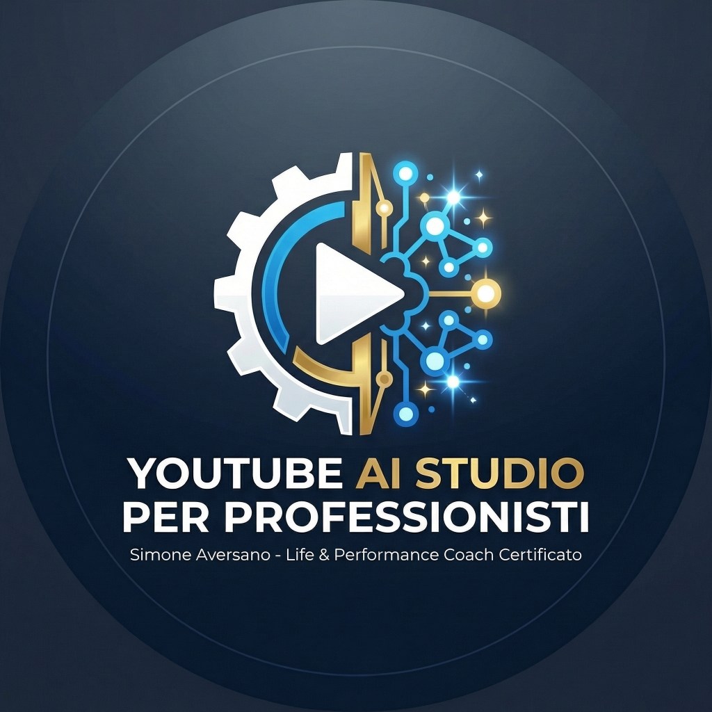Logo ufficiale del corso YouTube 'YouTube AI Studio per Professionisti' di Simone Aversano. Design minimalista su sfondo blu navy con un simbolo centrale che unisce un tasto play, un ingranaggio e un nodo neurale. Rappresenta il metodo per imparare a usare YouTube come asset aziendale, gestire in autonomia YouTube Studio e scalare il proprio canale YouTube integrando YouTube AI.